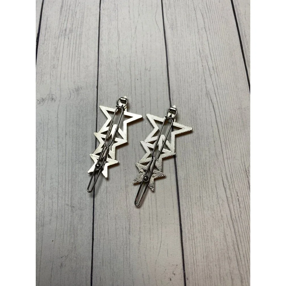 Silver Tone Star Triple Hair Clip  2 Inch Metal Hairpins
